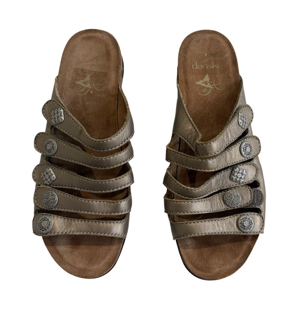 Dansko Janie Sandals Metallic Bronze Leather Adjustable Straps Slip On EU 39 8.5